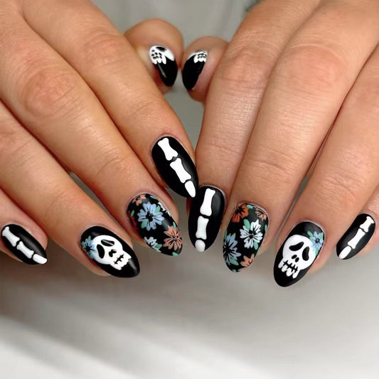 Spooky Floral Elegance Long Almond Black and White Press On Nail Set with Skeleton and Flower Design