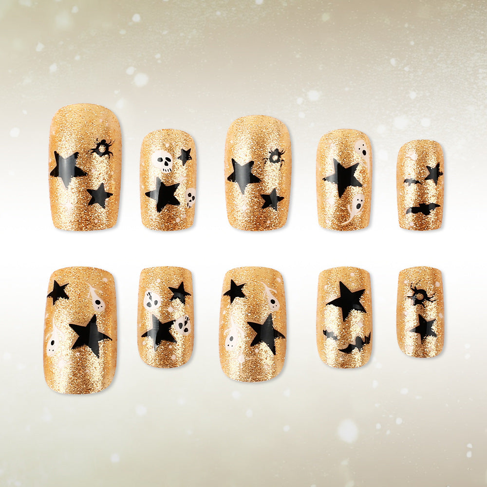 Mystical Glow Short Square Gold Glitter with Star and Skull Designs Nail Set