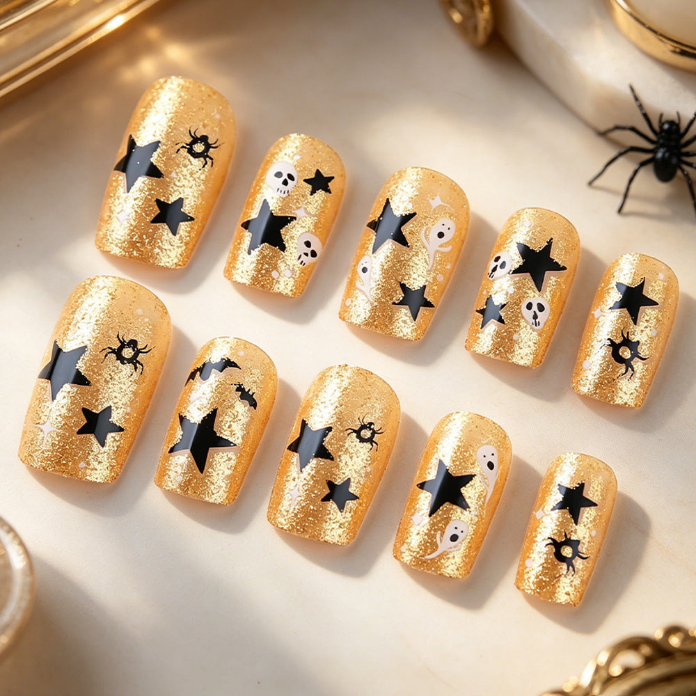 Hauntingly Glamorous Medium Square Golden Glitter Press on Nail Set with Spooky Designs