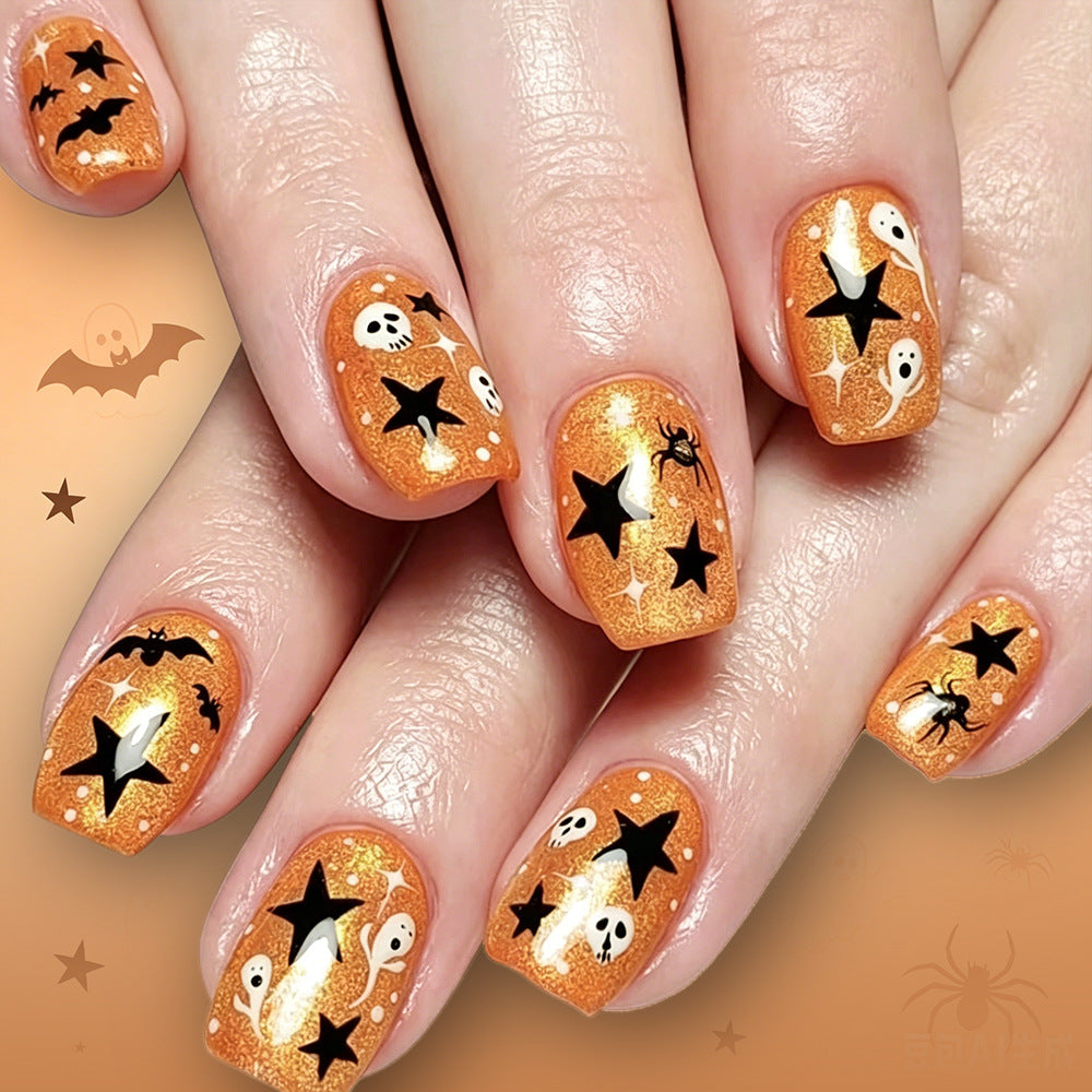 Spooky Halloween Medium Square Orange Glitter Press-On Nail Set with Ghost and Spider Design