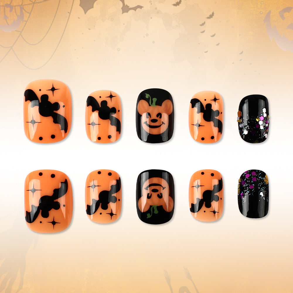 Spooky Vibes Short Square Orange with Bats and Mickey Design Press On Nail Set