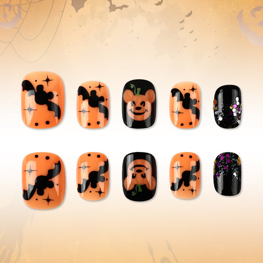 Spooky Vibes Short Square Orange with Bats and Mickey Design Press On Nail Set