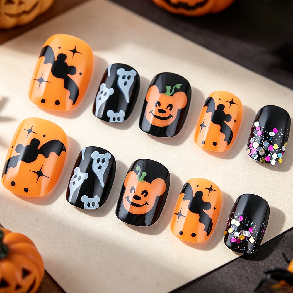 Spooky Delight Short Square Black and Orange Nail Set with Halloween Themed Designs