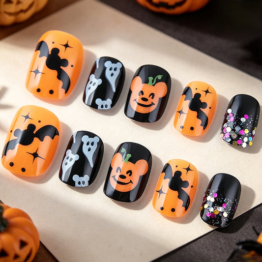 Spooky Delight Short Square Black and Orange Nail Set with Halloween Themed Designs