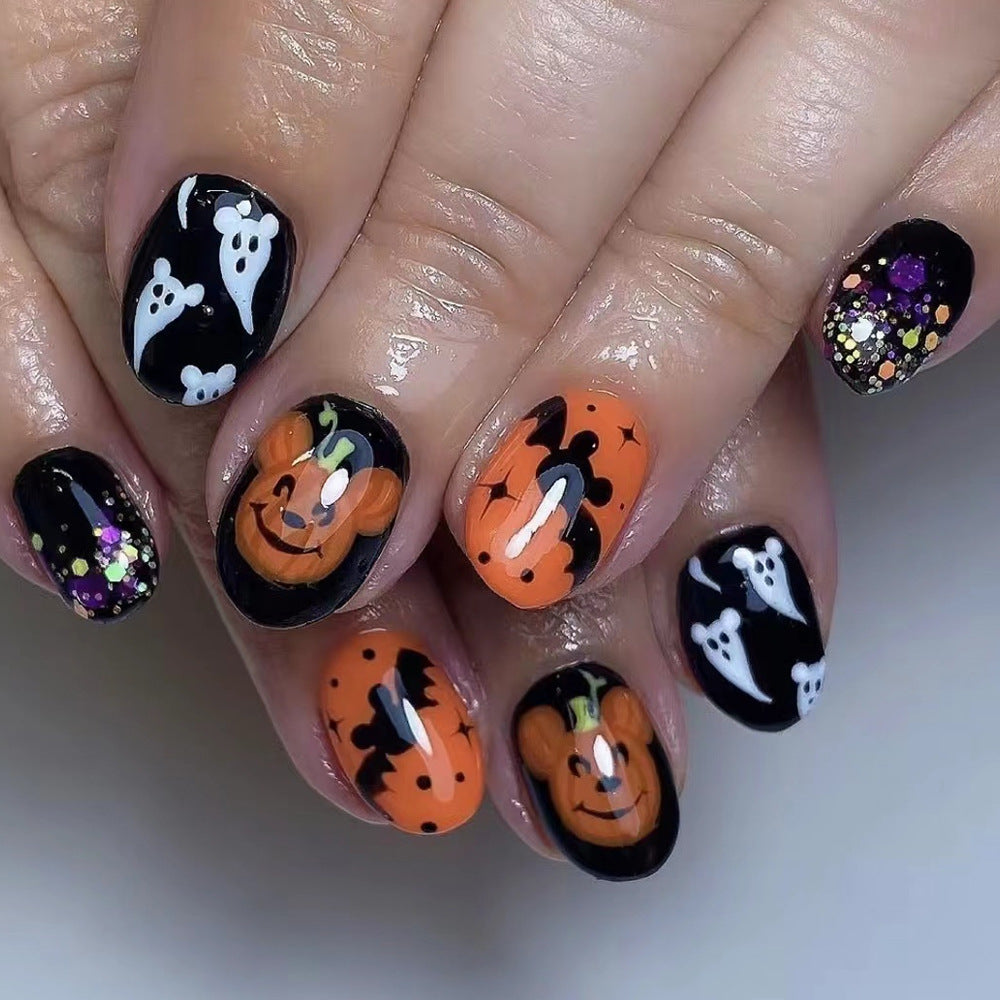 Spooky Halloween Medium Oval Black and Orange Press On Nail Set with Ghosts Pumpkins and Glitter