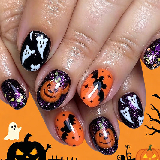 Spooky Short Oval Orange and Black Glow in the Dark Press on Nail Set