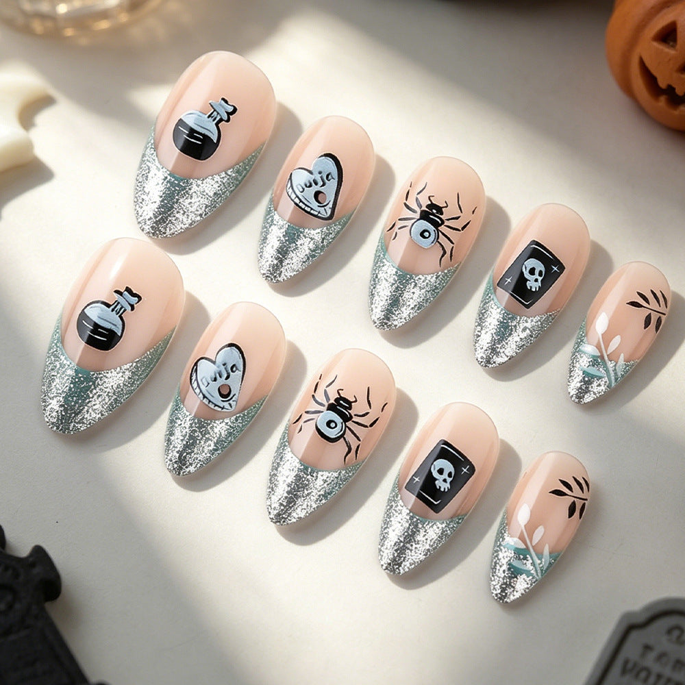 Spooky Glam Medium Almond Silver Glitter Press-On Nail Set