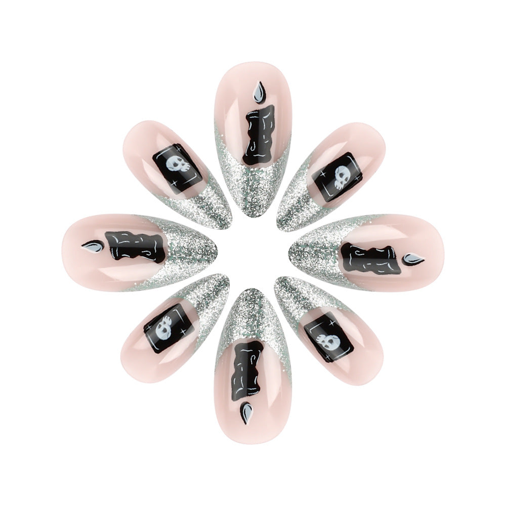 Gothic Elegance Medium Almond Pink with Silver Glitter and Spooky Skull Design Press on Nail Set