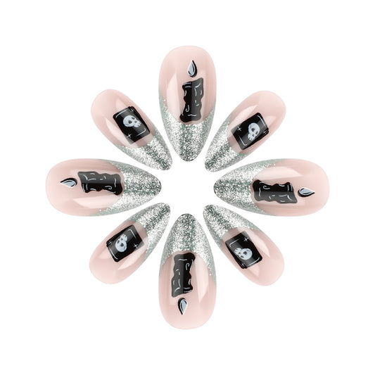Gothic Elegance Medium Almond Pink with Silver Glitter and Spooky Skull Design Press on Nail Set