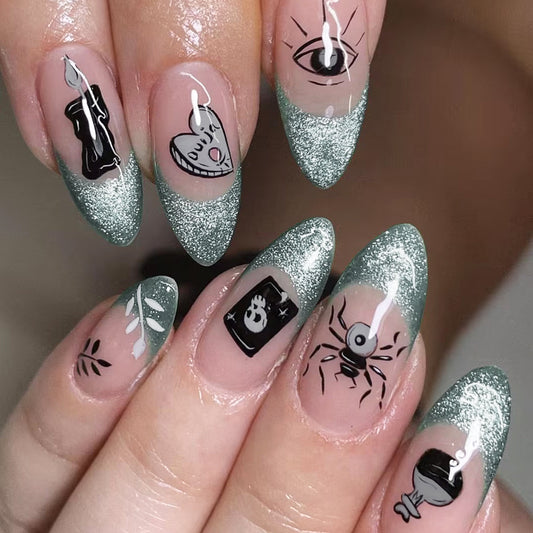 Mystical Green Glitter Sharp Almond Press On Long Nail Set with Unique Witchy Charm Designs