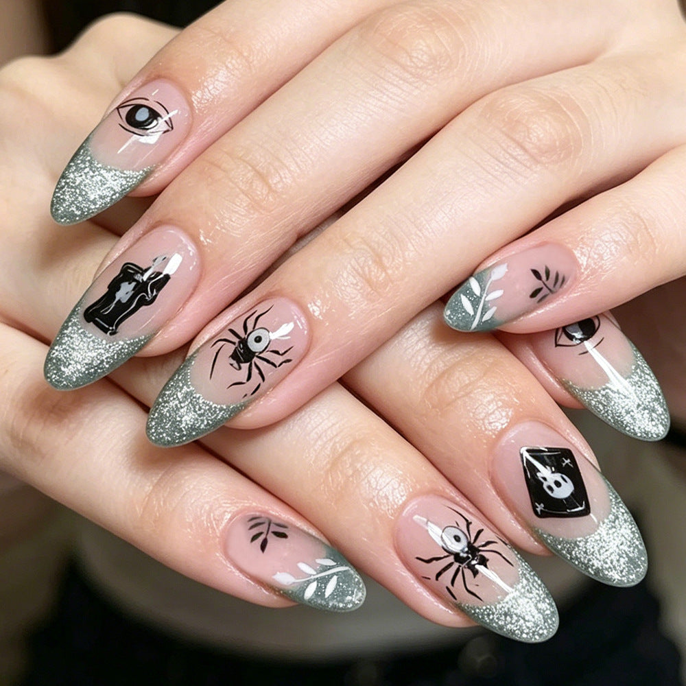 Spooky Glam Medium Almond Silver Glitter with Unique Spider and Eye Nail Art