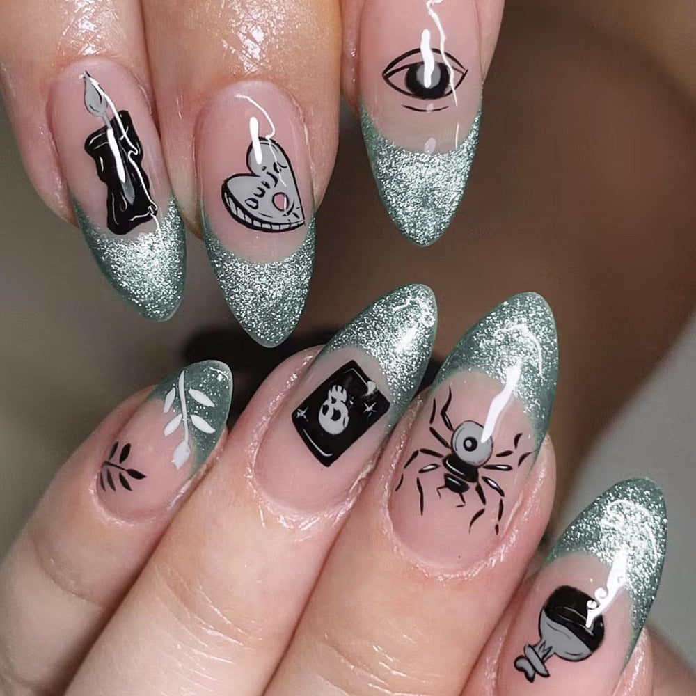 Mystical Shine Medium Almond Green Glittery Stiletto Press On Nail Set with Unique Gothic Illustrations