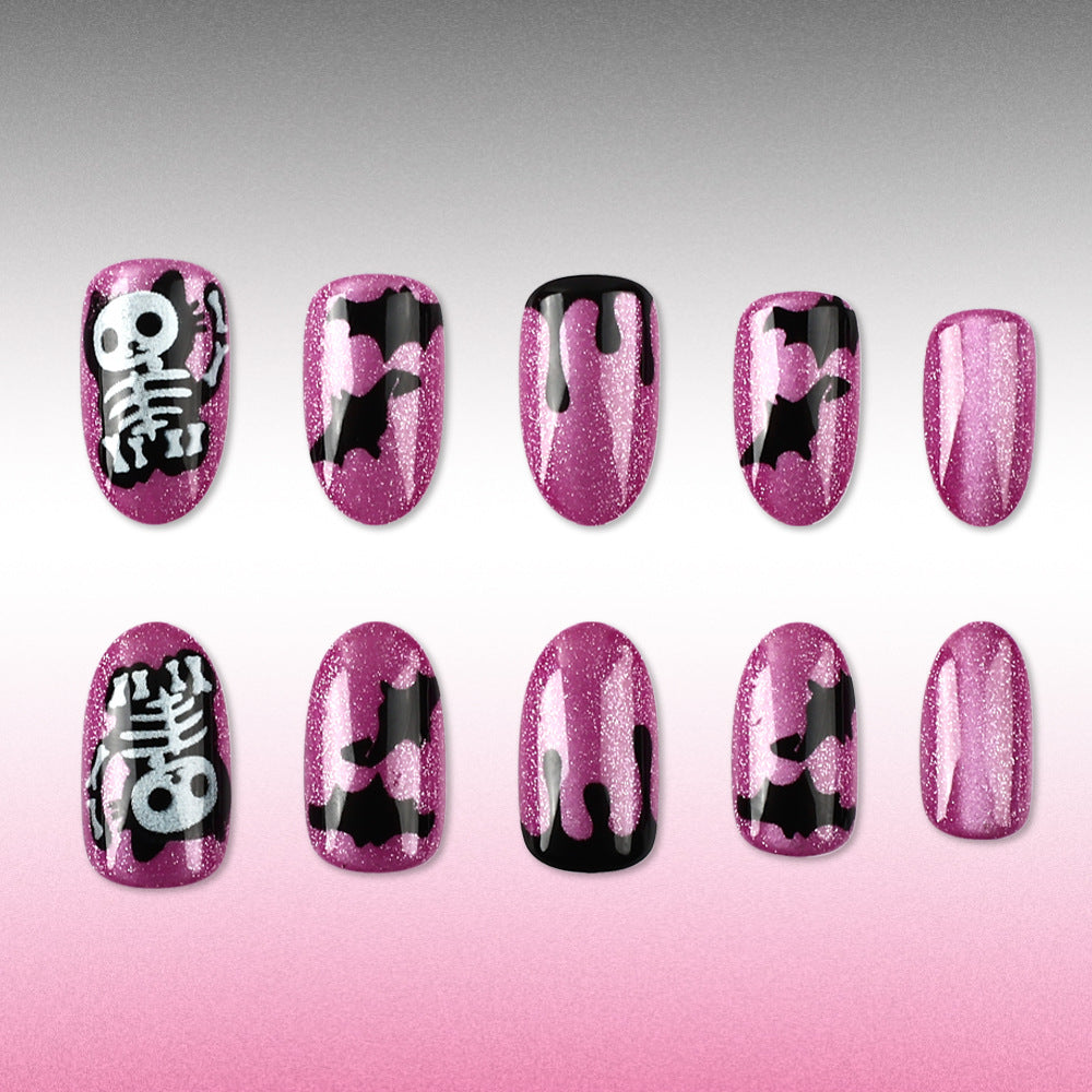 Spooky Glam Short Oval Sparkly Skeleton and Bat Press on Nail Set