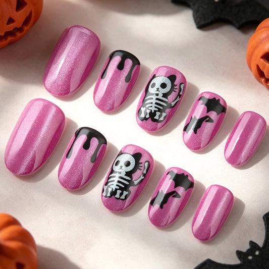 Spooky Night Short Oval Pink with Skeleton and Bat Design Press On Nail Set