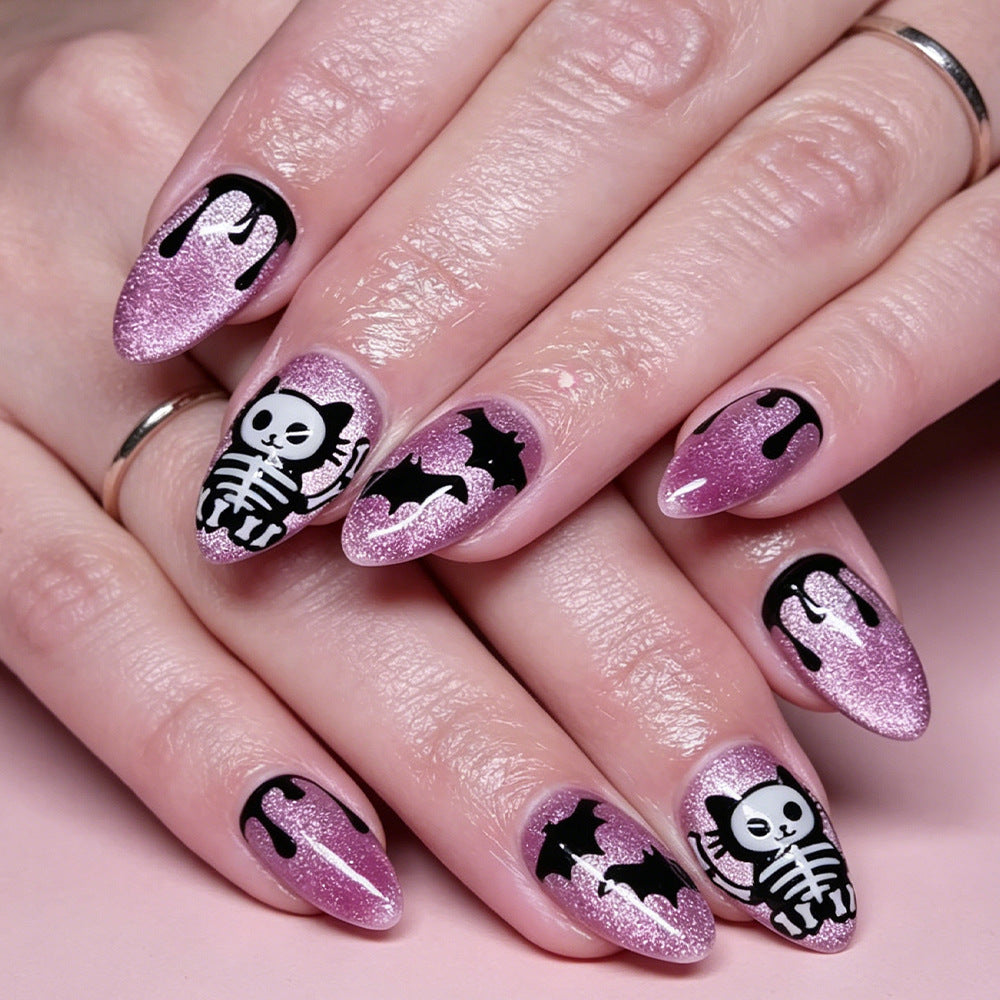 Spooky Glam Short Almond Purple Glitter with Halloween Themed Designs Nail Set