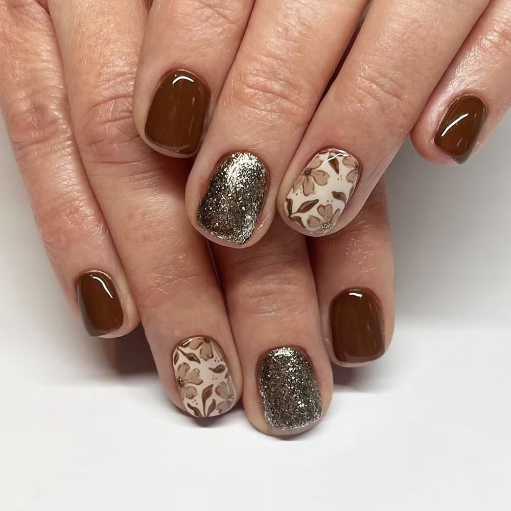 Autumn Elegance Short Square Brown Sparkle and Floral Press On Nail Set