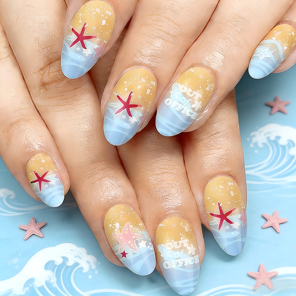 Beach Vibes Long Oval Blue and Yellow Gradient with Starfish Design Press-On Nail Set