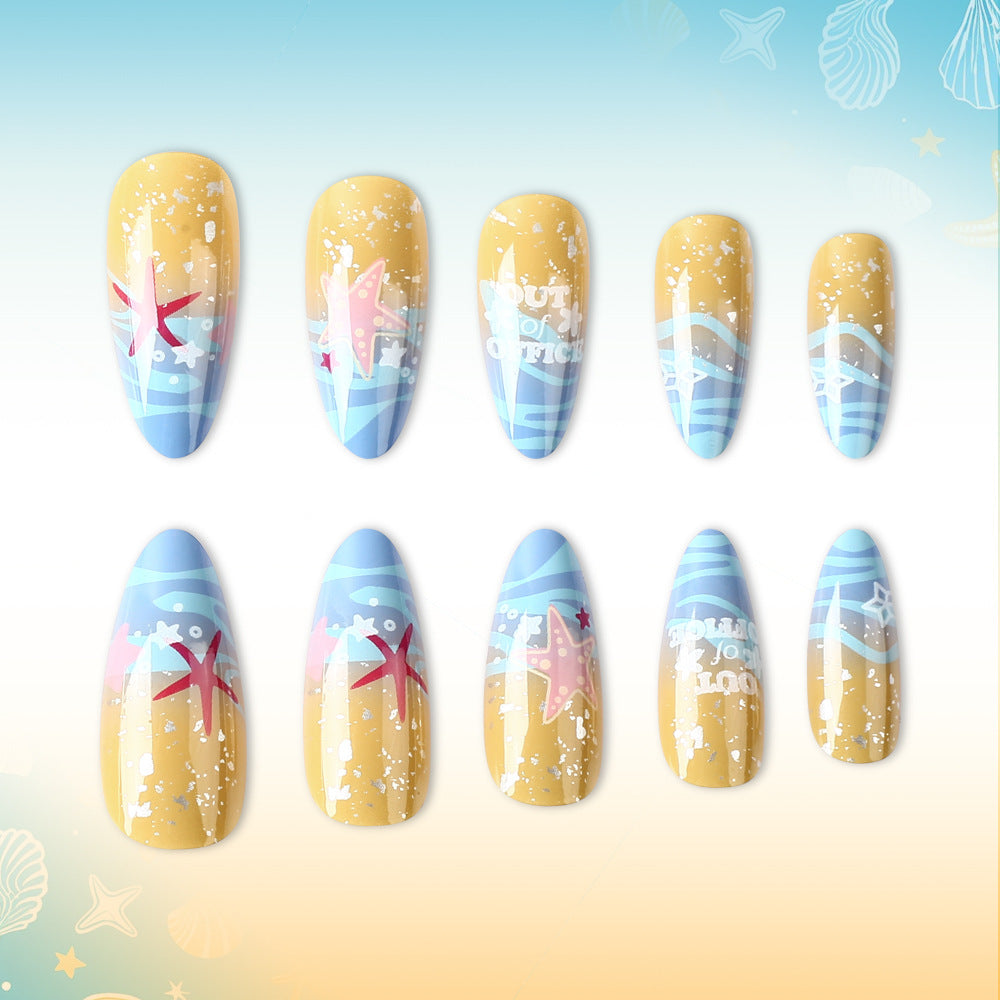 Ocean Breeze Long Almond Yellow and Blue Nail Set with Sea-Inspired Designs