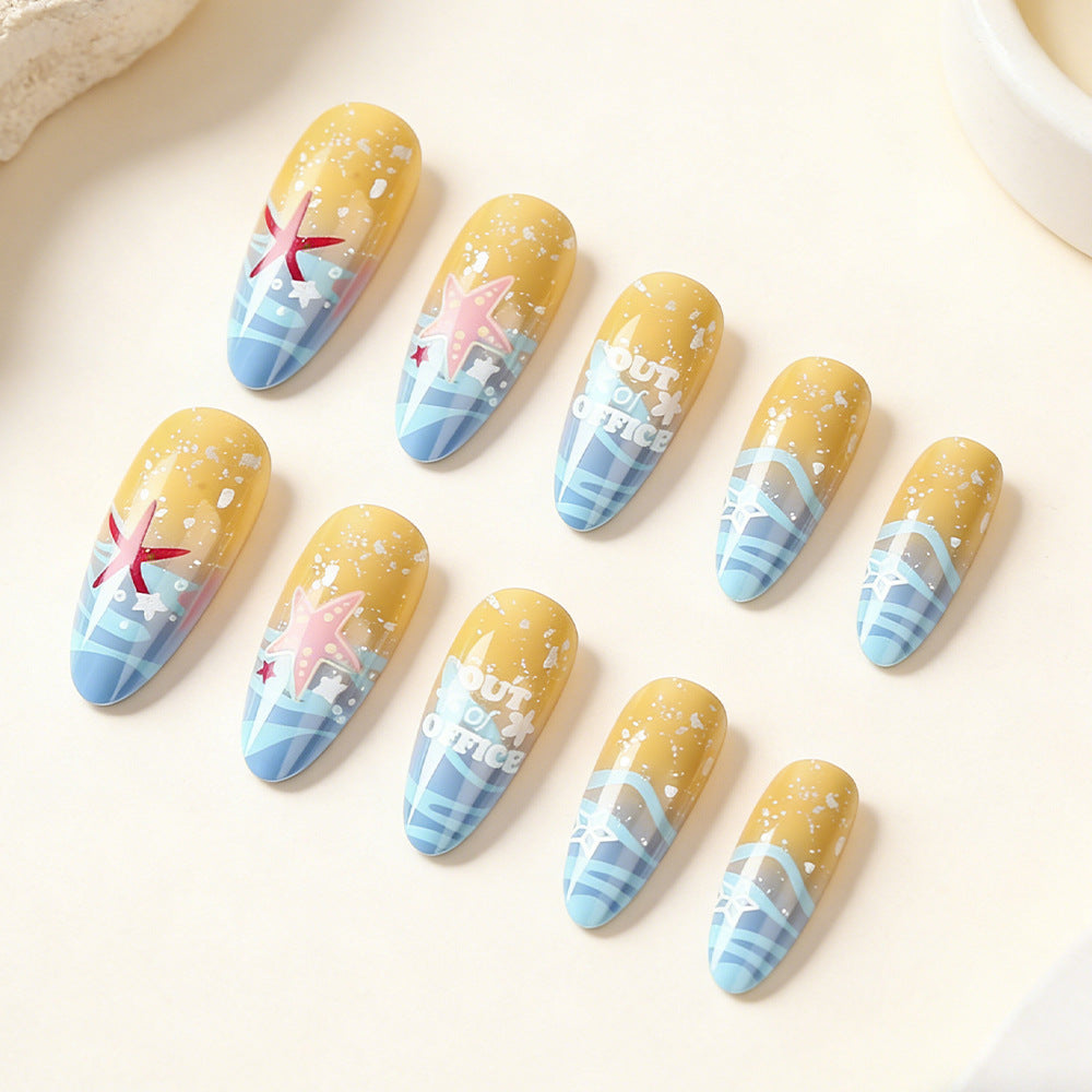 Beach Escape Long Almond Yellow and Blue Gradient with Starfish Design Press On Nail Set