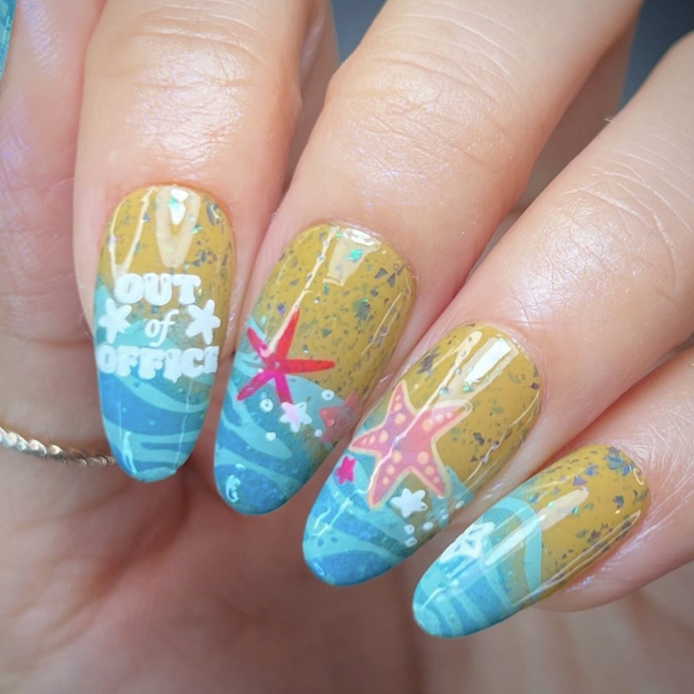 Beach Day Long Almond Press On Nail Set in Bright Yellow and Blue with Starfish Design and Shimmering Finish