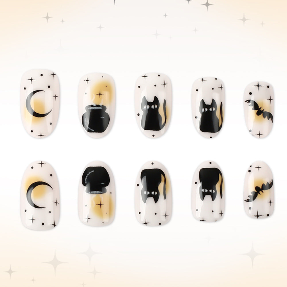 Mystical Moonlit Short Round Black Cat Design Press On Nail Set