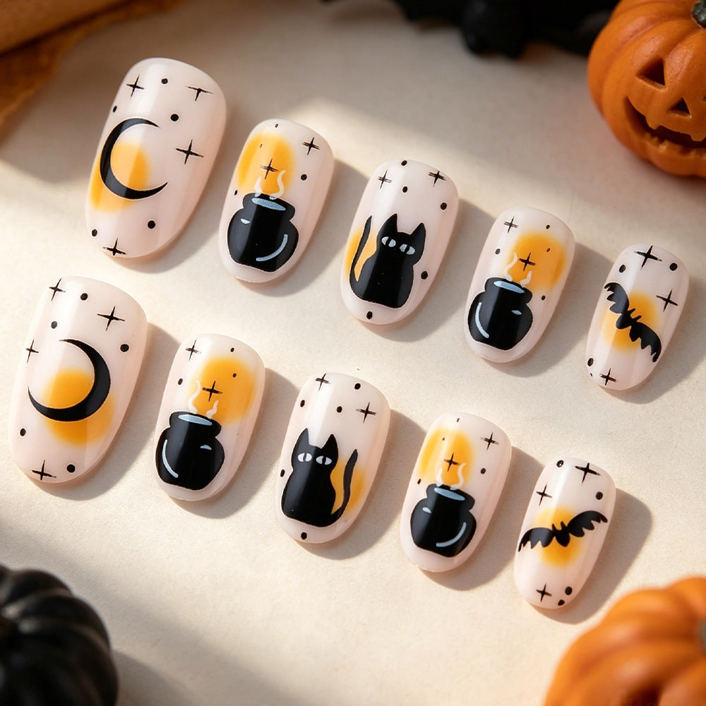 Halloween Mystique Short Oval Black and Orange Cat and Moon Design Press On Nail Set
