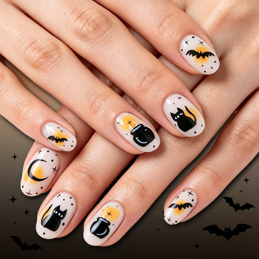 Spooky Halloween Short Oval Black Cat and Bat Nail Set