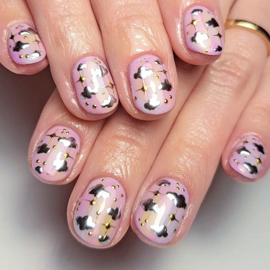 Glamourous Pink Oval Press On Short Nail Set with Gold Cloud Design and Dazzling Accents