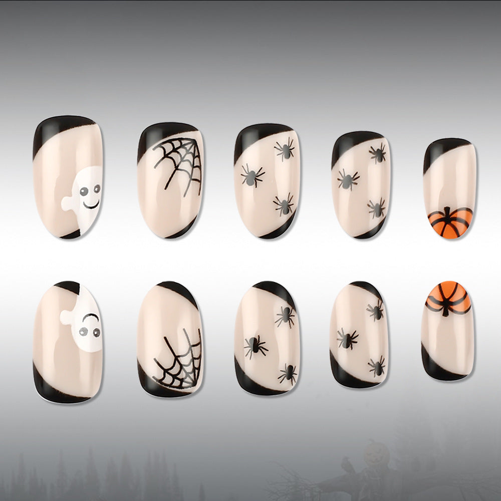 Spooky Halloween Short Oval Black and Orange Spider Design Nail Set