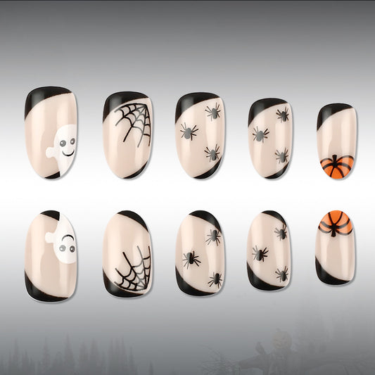 Spooky Halloween Short Oval Black and Orange Spider Design Nail Set
