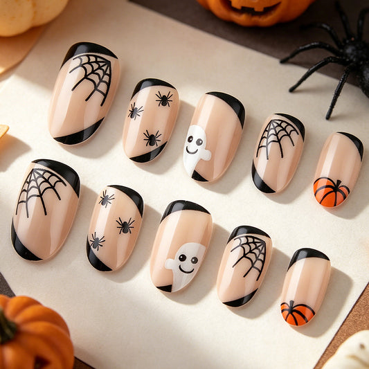 Spooky Short Oval Beige with Halloween Spider and Ghost Design Press On Nail Set