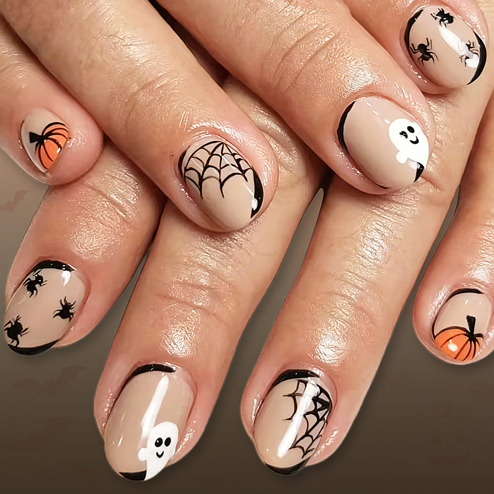 Hauntingly Elegant Short Square Beige Nails with Whimsical Halloween Designs