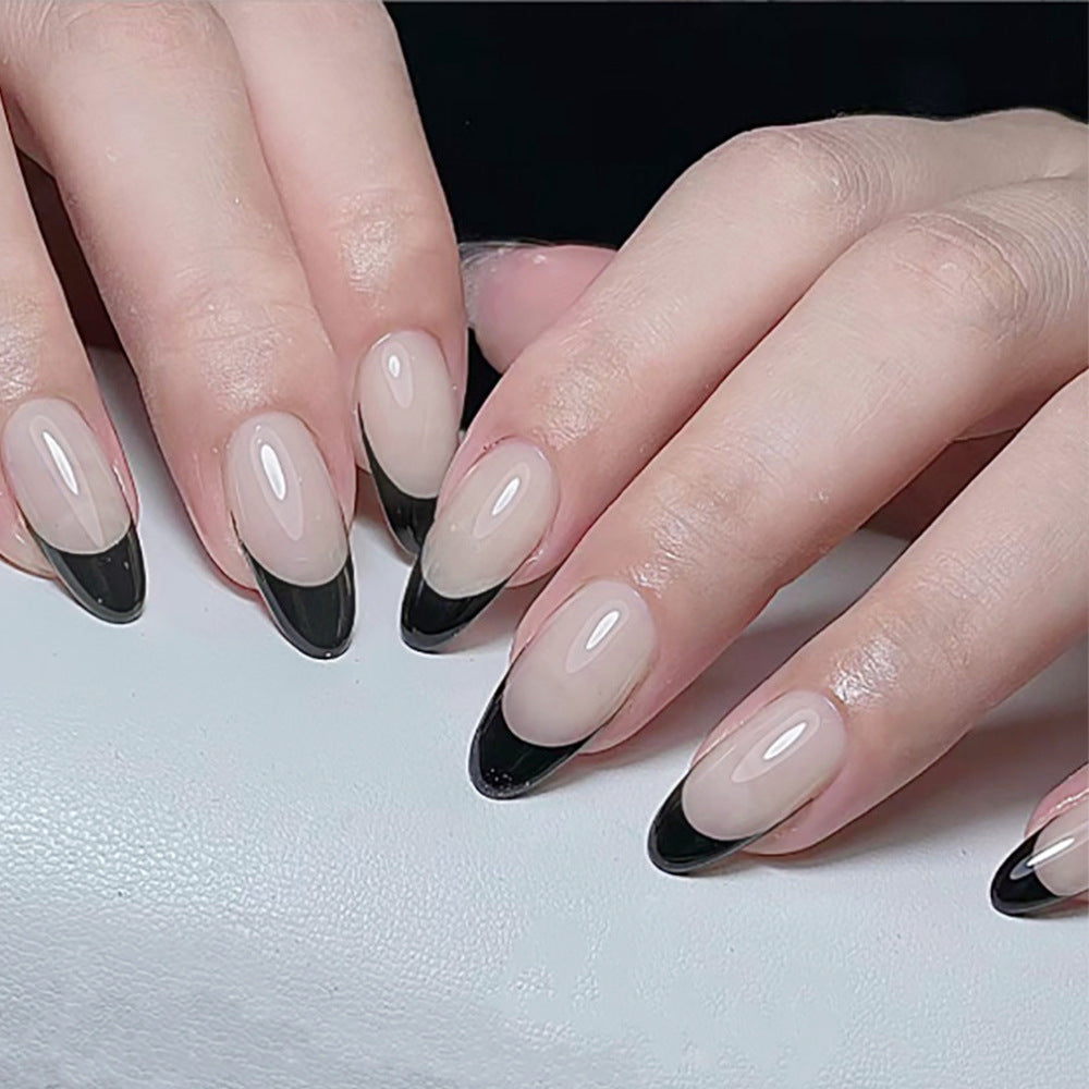 Chic Elegance Long Almond Beige and Black Press On Nail Set with Glossy Finish