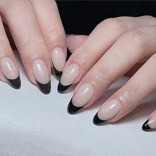 Chic Elegance Long Almond Beige and Black Press On Nail Set with Glossy Finish