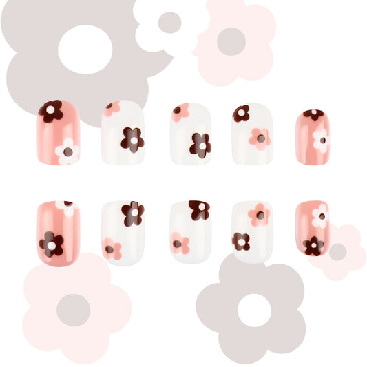 Floral Serenity Short Square Pink White and Brown Flower Press On Nail Set with Easy Application Design