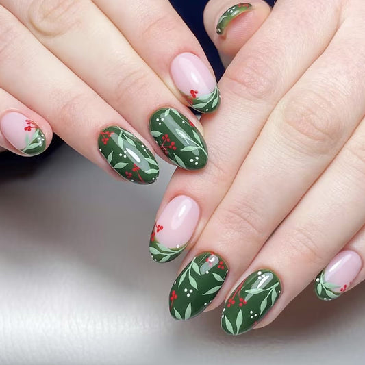 Botanical Whimsical Green Almond Press On Long Nail Set with Cherry Blossom Accents