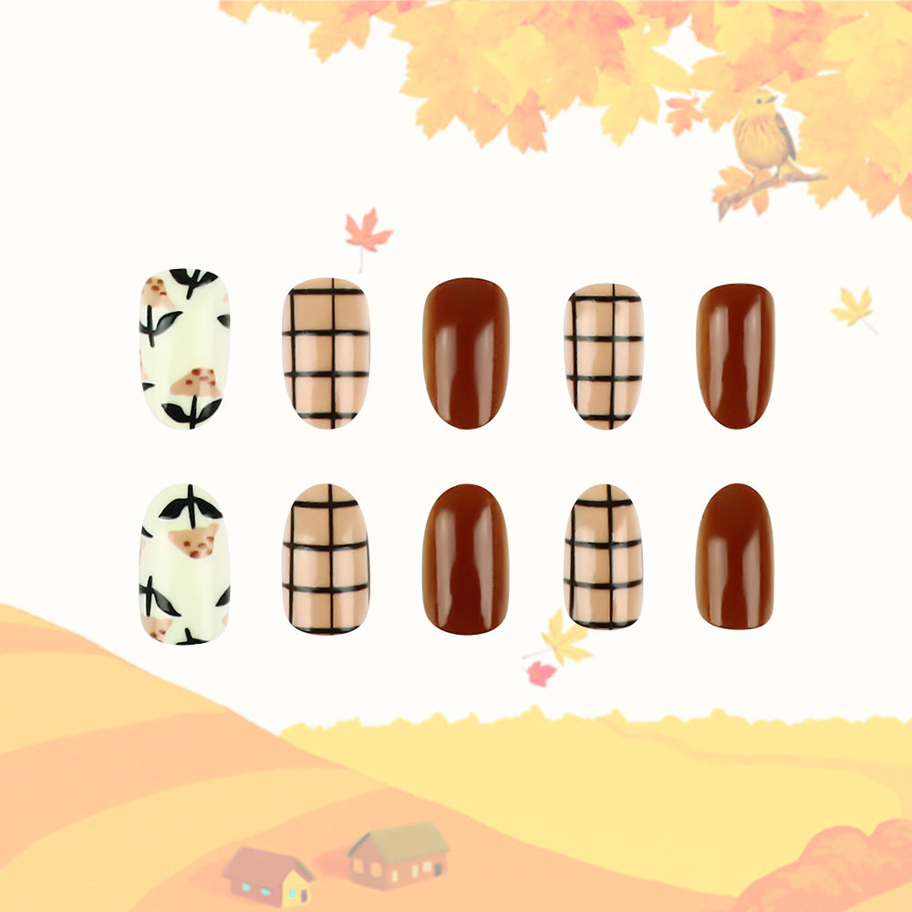 Autumn Charm Long Almond Shaped Brown and Cream Press On Nail Set with Floral and Checkered Design