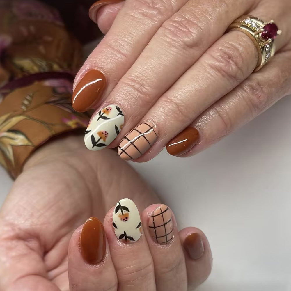Autumn Floral Elegance Almond Press On Medium Nail Set Rust Brown Cream and Black Botanical Art Design