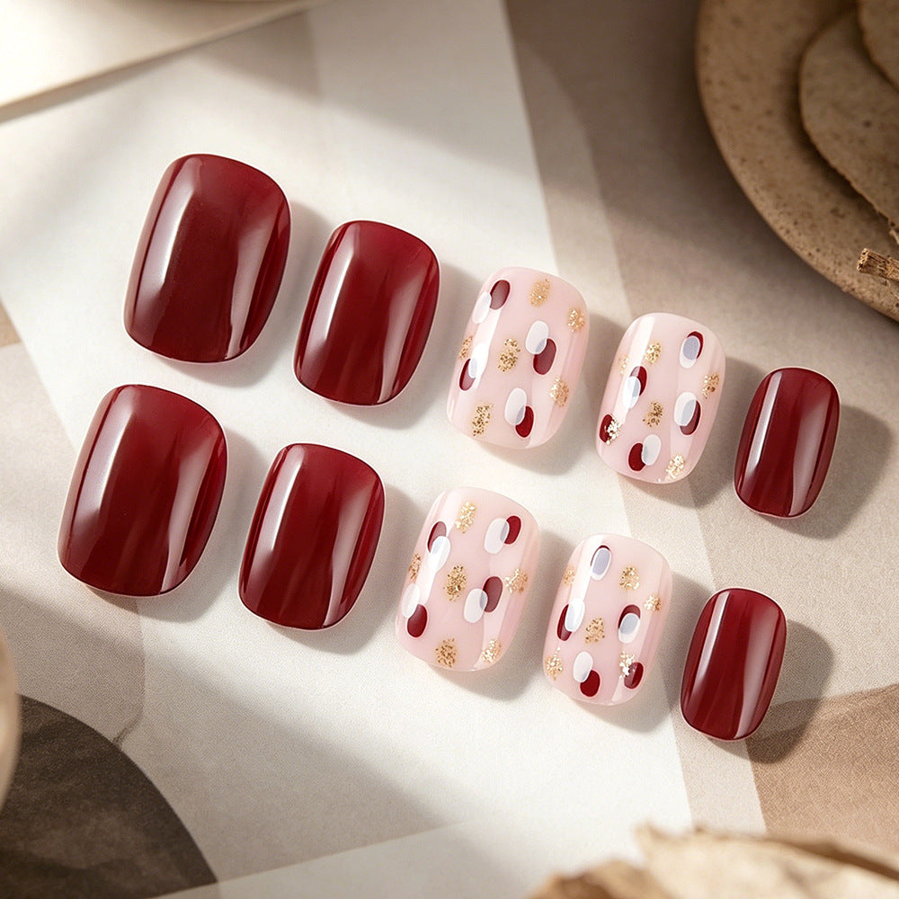 Elegant Autumn Vibes Short Square Deep Red with Stylish Gold Accents Press On Nail Set