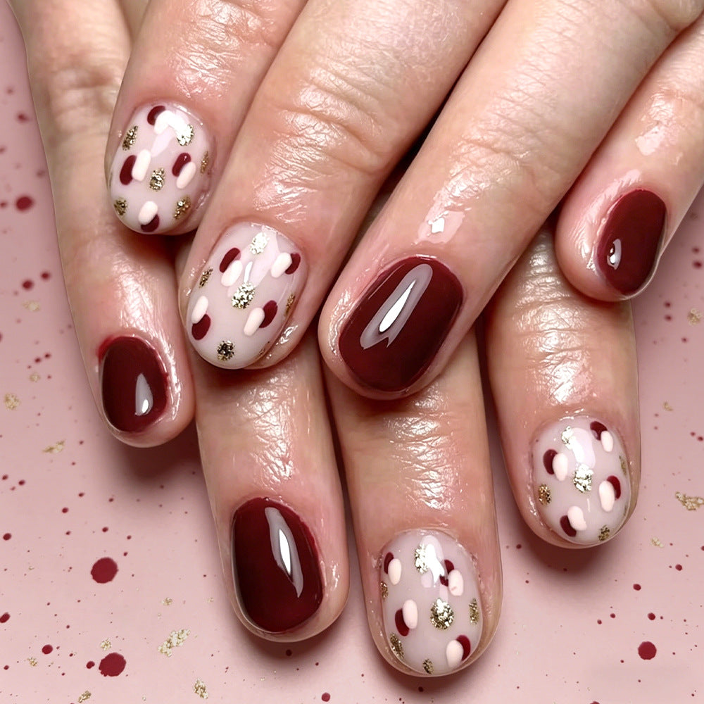 Elegant Autumn Vibes Short Square Burgundy with Gold Accents Press on Nail Set