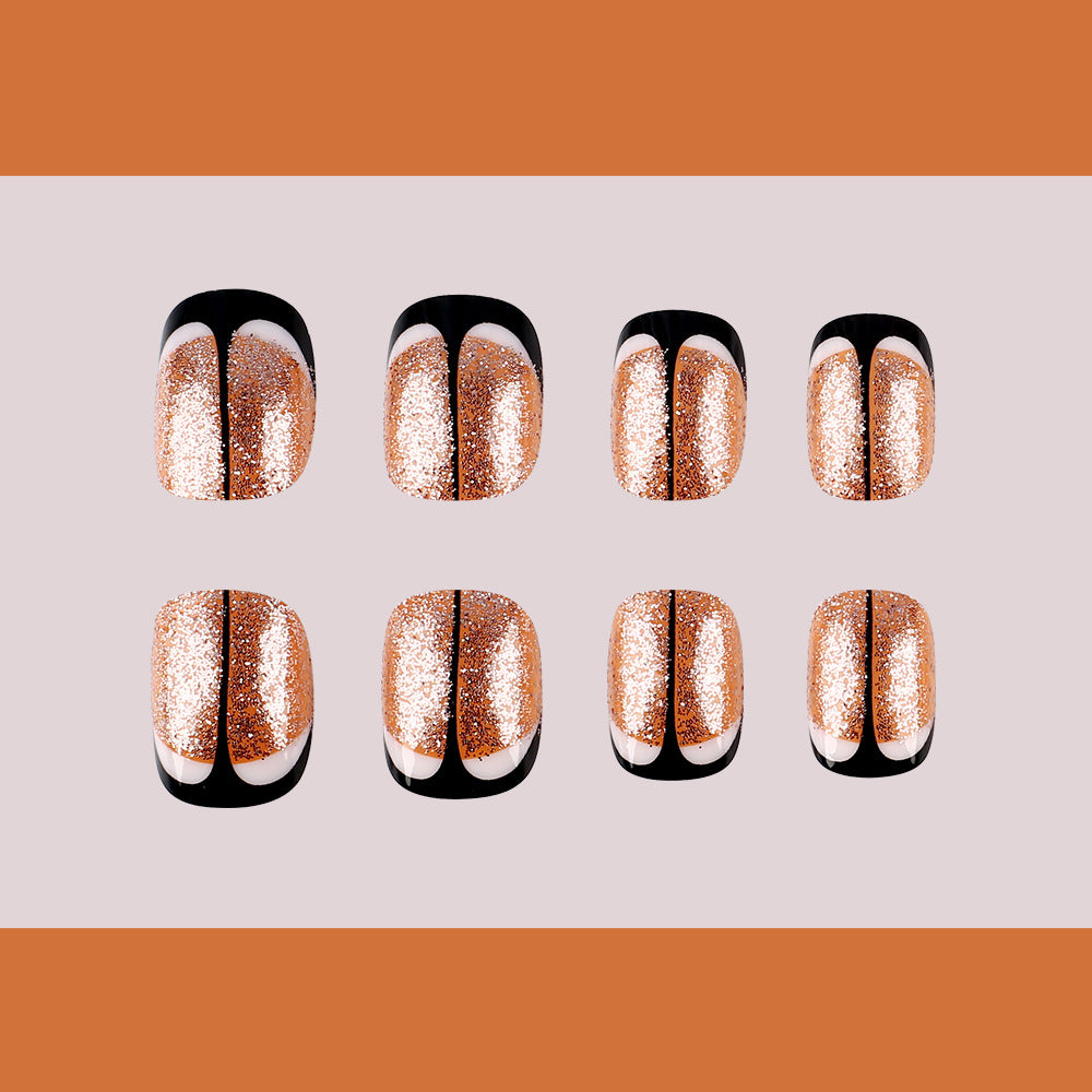 Glamorous Rose Gold Oval Press On Short Nail Set with Glitter and Unique Split Design