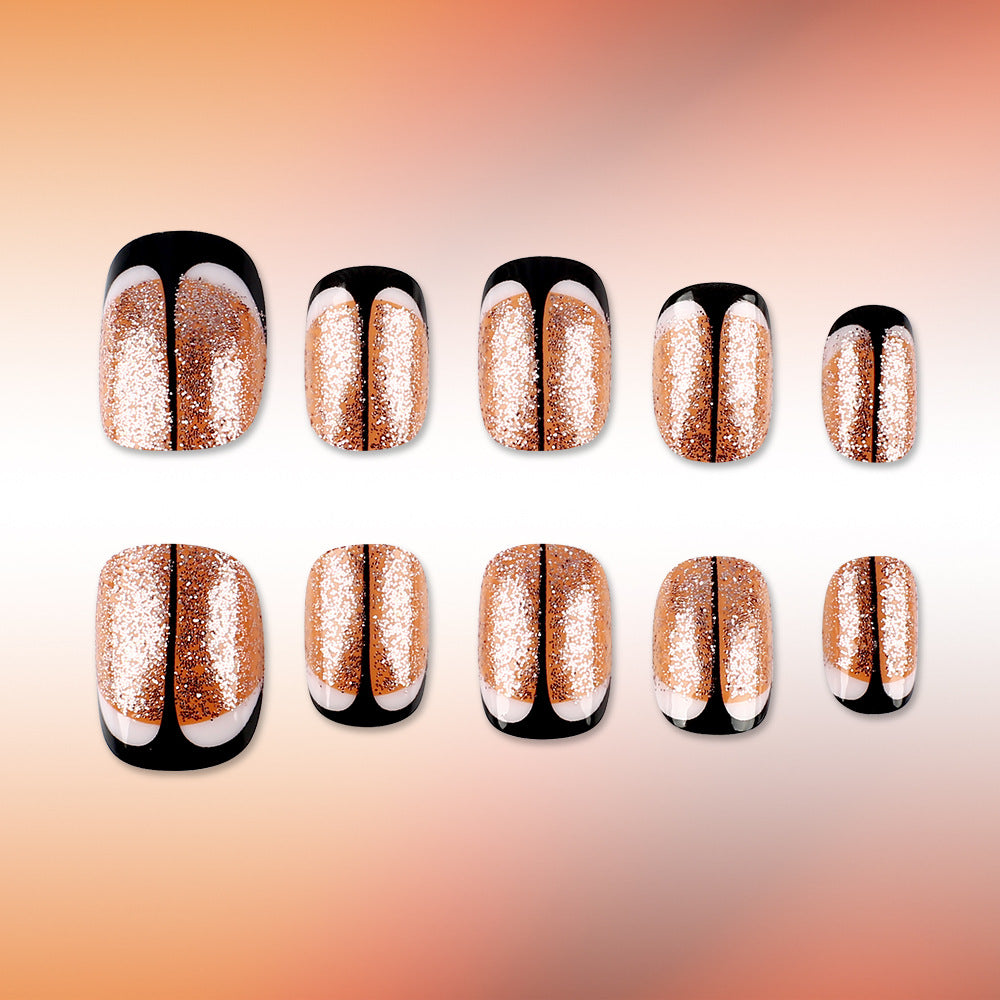 Glimmering Glamour Short Square Black and Rose Gold Glitter Press-On Nail Set
