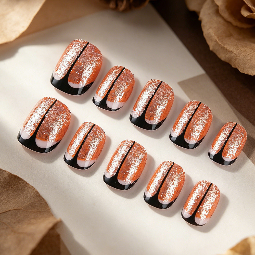 Autumn Elegance Short Square Shimmering Orange with Black Accent Press On Nail Set