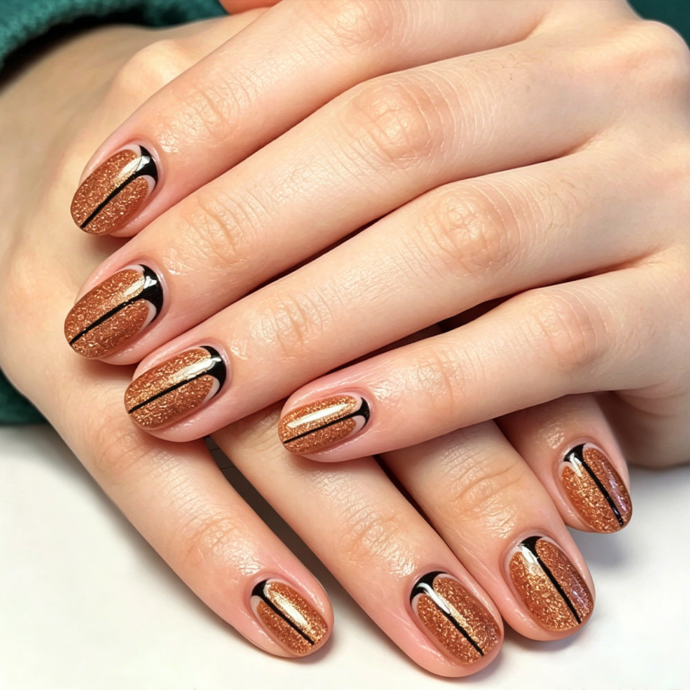 Sparkling Autumn Short Square Copper Glitter Nail Set with Striking Black Accent