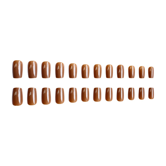 Autumn Elegance Medium Square Warm Brown Glossy Finish Press On Nail Set