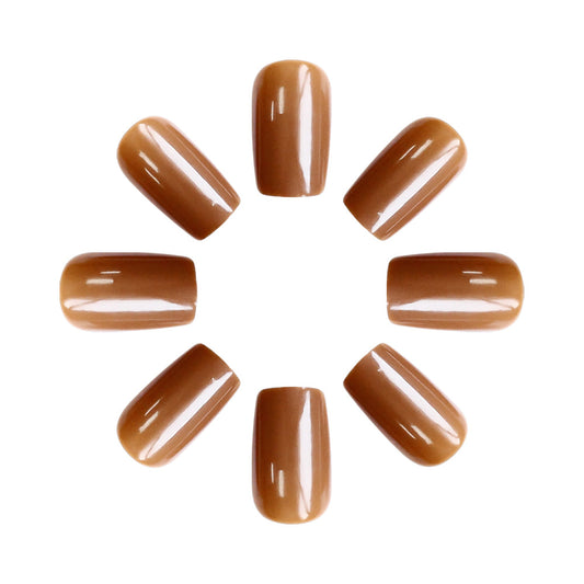 Autumn Elegance Glossy Medium Square Shaped Warm Brown Press On Nail Set with Iridescent Shine