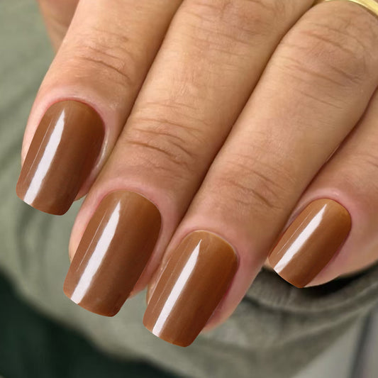Autumn Glow Medium Square Brown Glossy Press On Nail Set with High Shine Finish