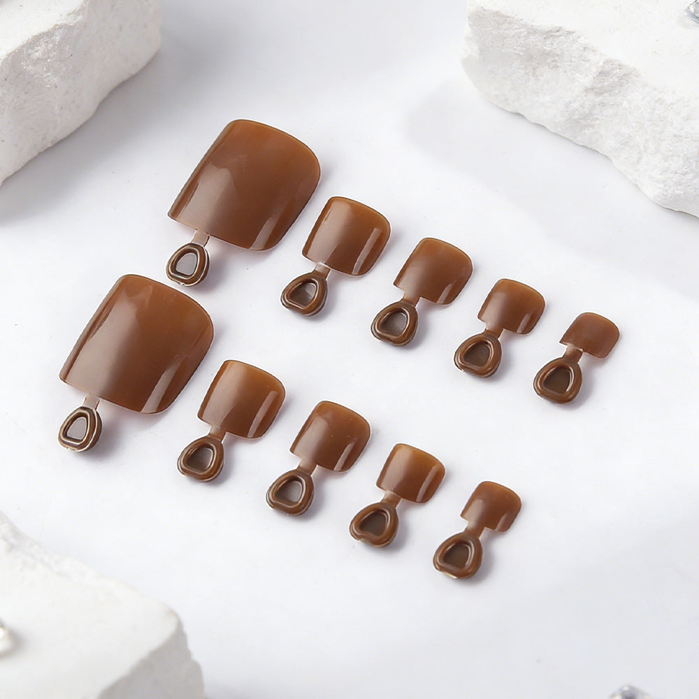Earthy Elegance Glossy Short Square Brown Press On Toenail Set with Unique Loop Design