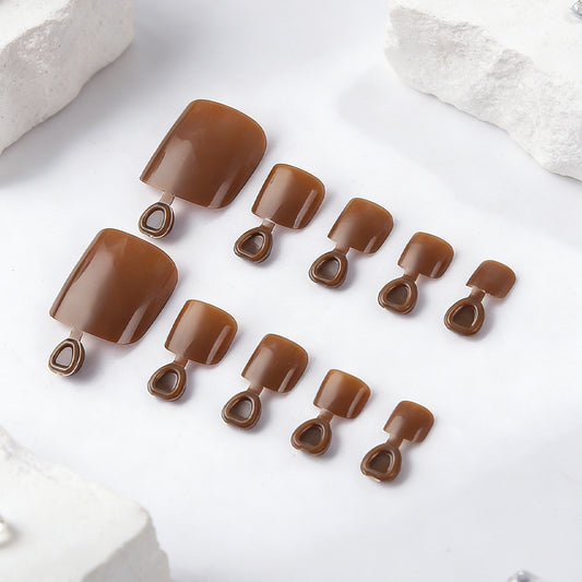 Earthy Elegance Glossy Short Square Brown Press On Toenail Set with Unique Loop Design