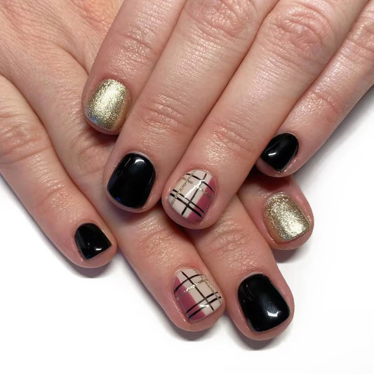 Chic Glamour Short Square Black and Gold Press On Nail Set with Stylish Plaid Accent Design
